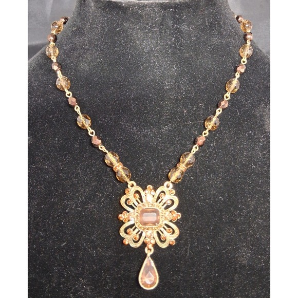 Avon Jewelry - Avon Vintage Gold Tone Filigree Smoky Topaz Amb, Crystal Beaded Pendant Necklace